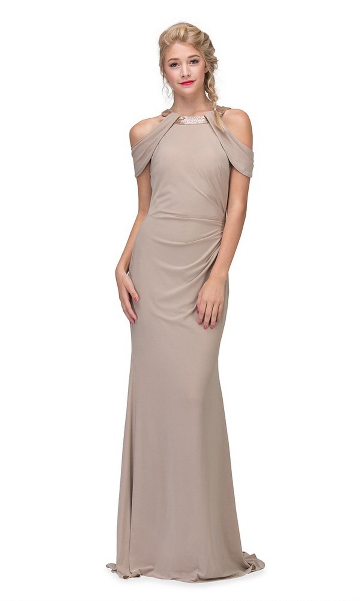 Woman wearing the Eureka 7400 long formal dress, featuring a floor-length taupe design with a cold shoulder neckline, draped sleeves, and a fitted silhouette, standing against a plain white background.